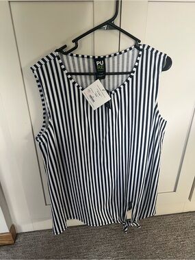 Pure Essence Navy and White Vertical Stripe Tie-Front Sleeveless Blouse